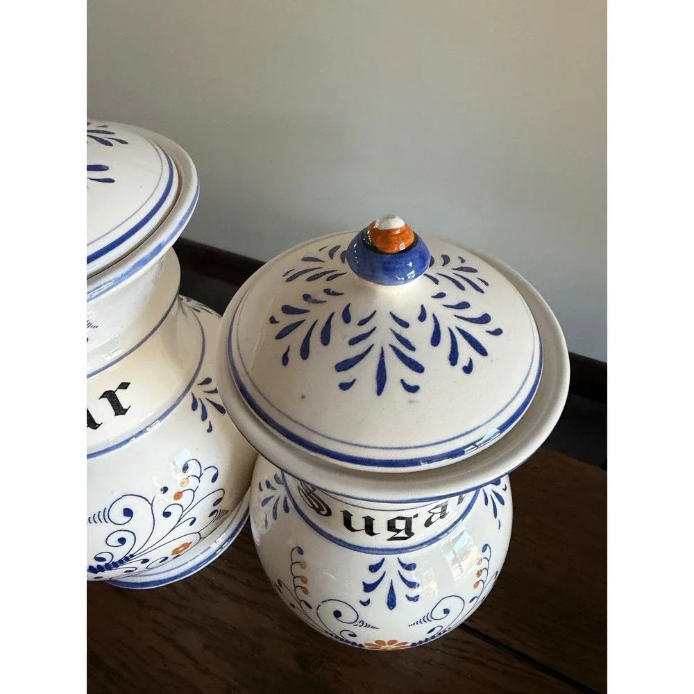 Blue Onion Style Canister Set White Blue Floral Hand Painted Flour Sugar Lids